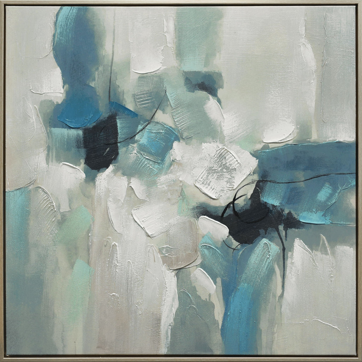"Azure Abstraction" Hand-Embellished Canvas In Frame - Blue / Cream