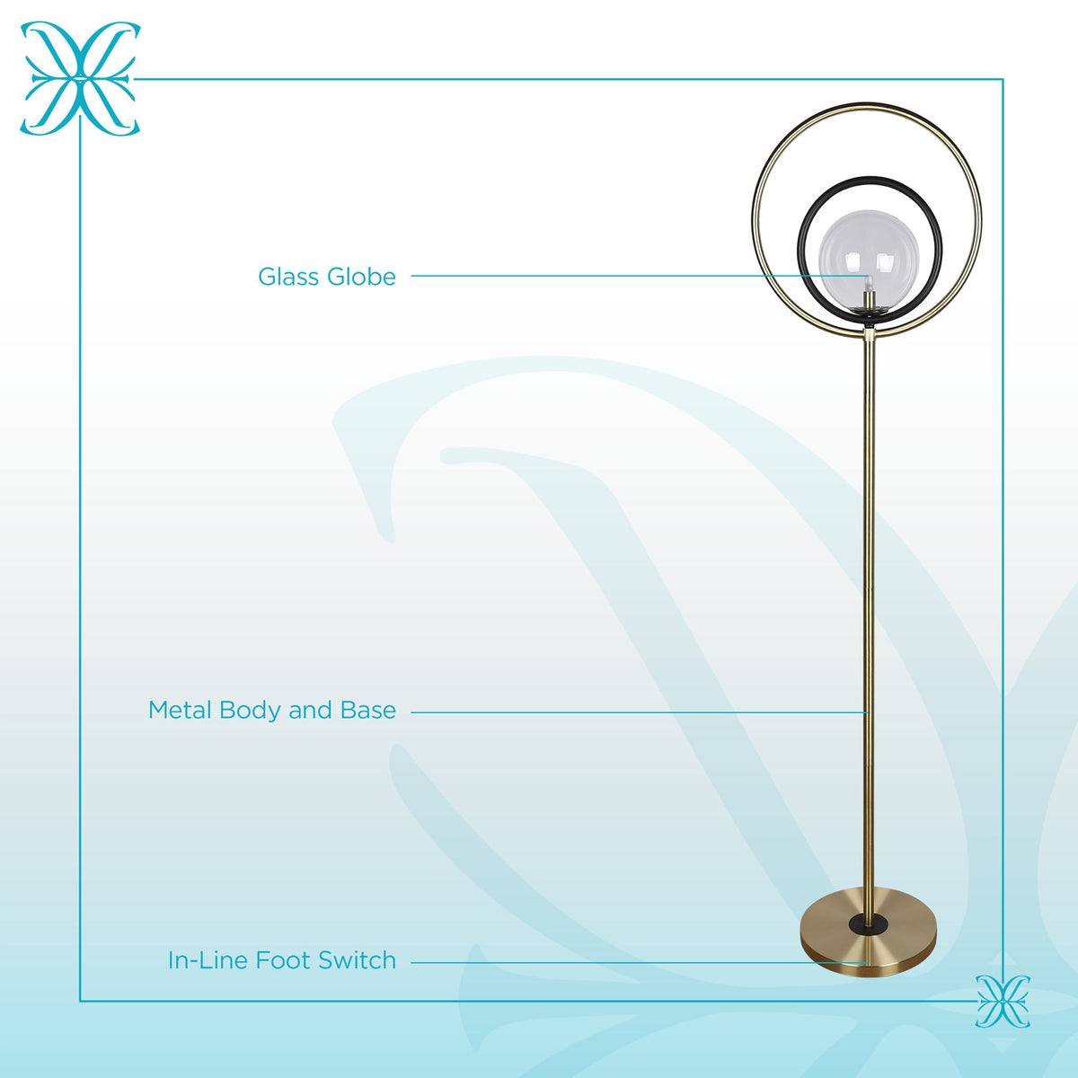 "Eclipse Aura" Metal Floor Lamp - Matte Black / Soft Gold / Clear
