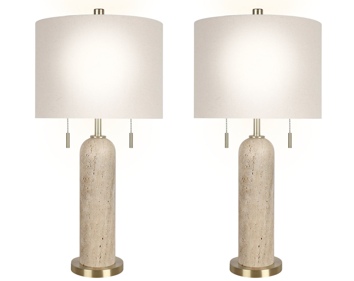 "Travertine Elegance" Travertine Table Lamp (Set of 2) - Travertine / Soft Gold