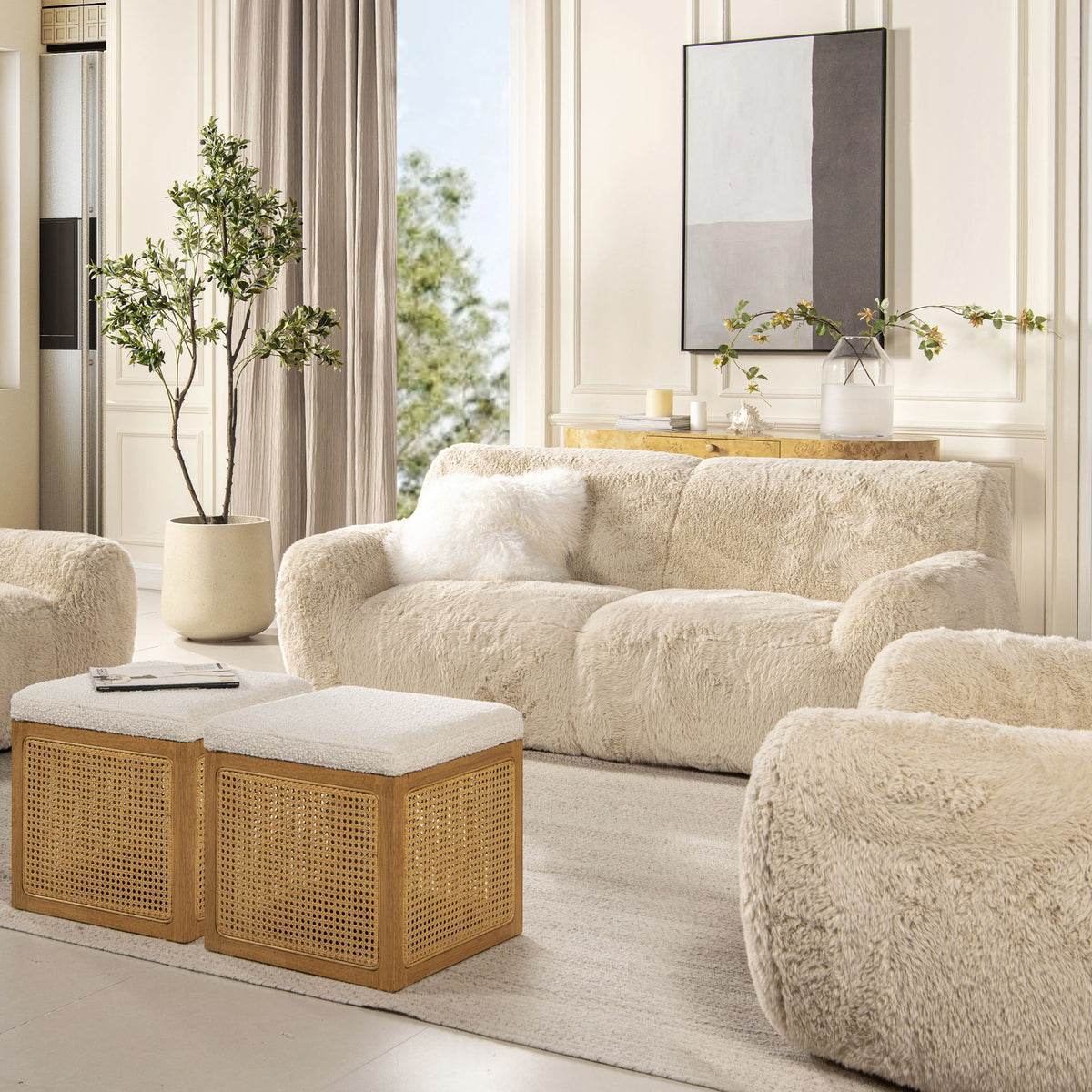 Summit - Faux Sheepskin Overstuffed Sofa - Cream Beige