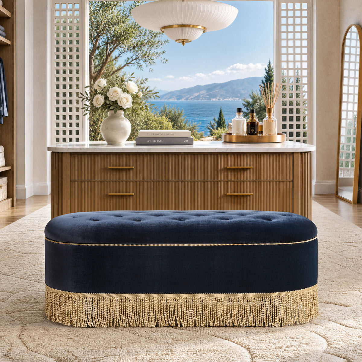 Melinda - Oval Tufted Bullion Fringe Storage Bench