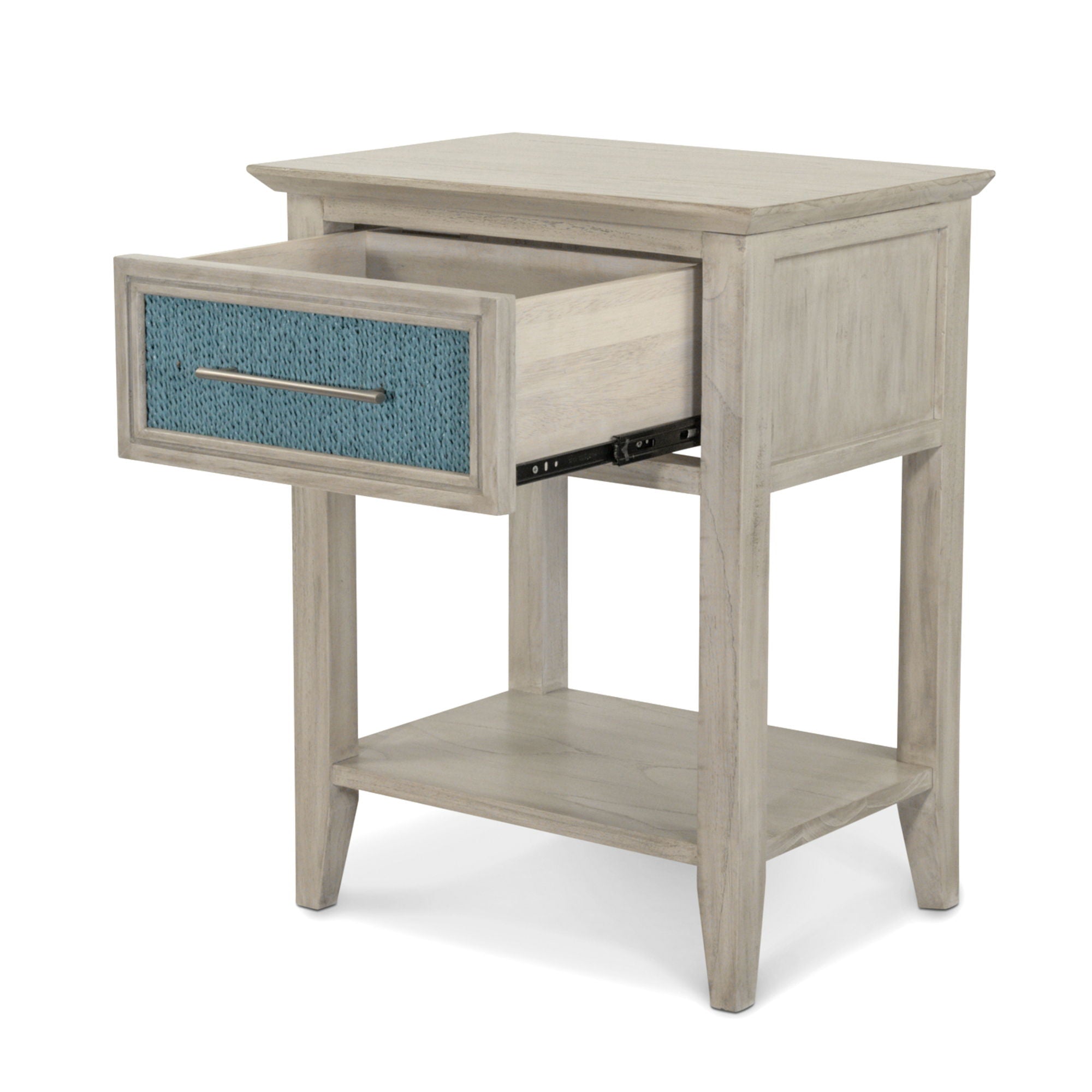 Ocean Isles - 1 Drawer Woven Nightstand With Power Strip And USB-A Port - Ocean Blue / Aged Ivory