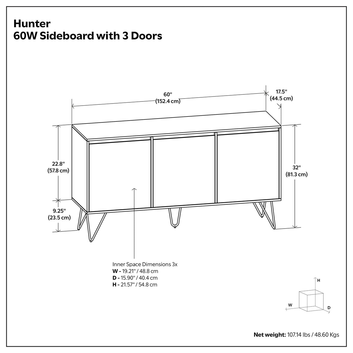 Hunter - 3 Door Sideboard Buffet With Hairpin Legs - Natural