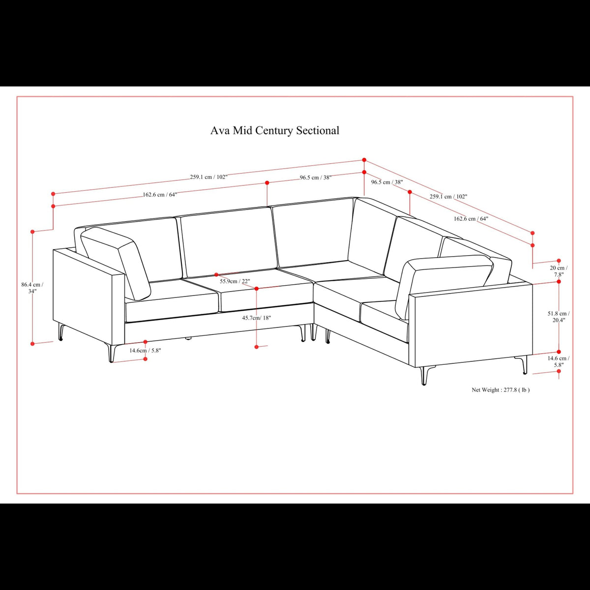 Ava - Mid Century Corner Sectional Sofa Handcrafted