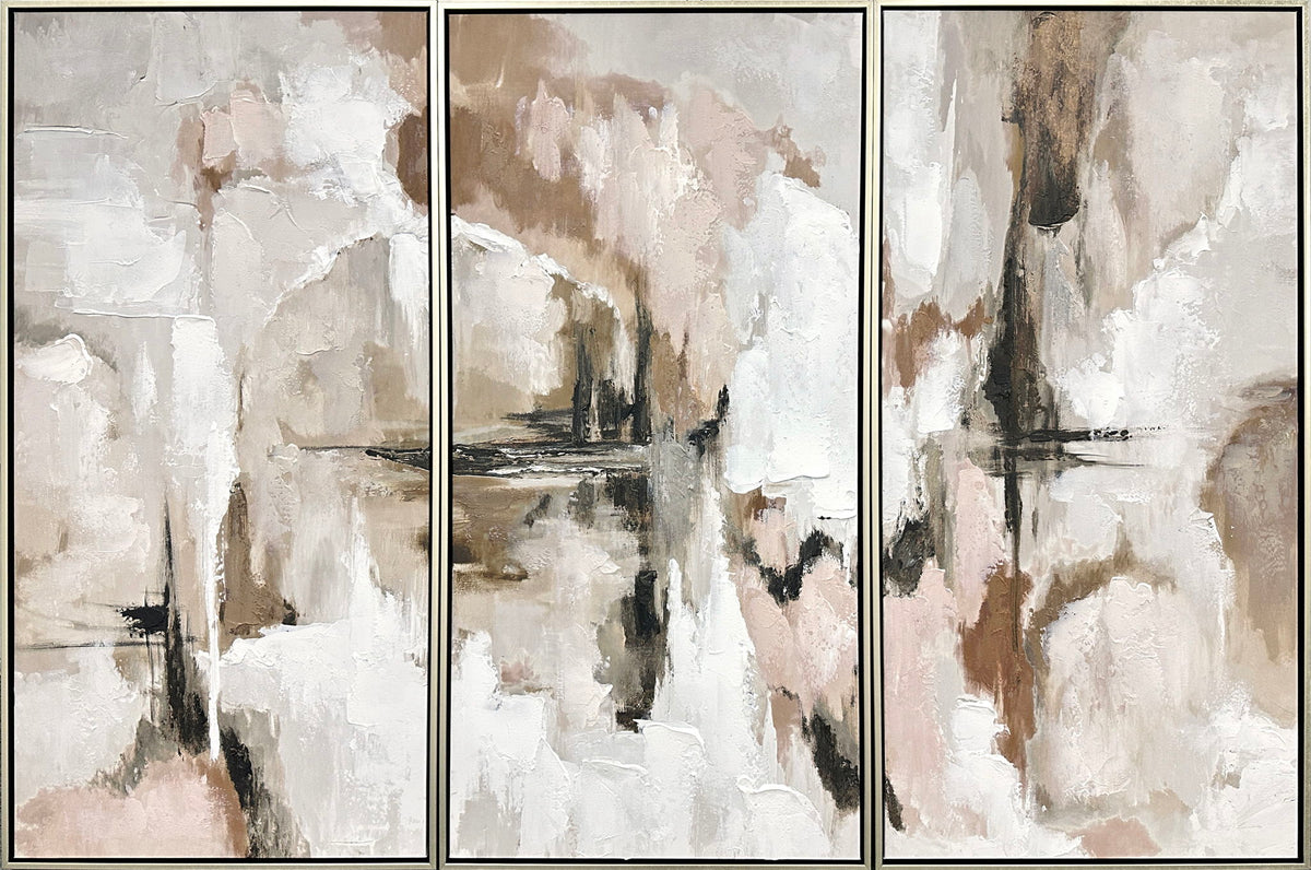 "Ethereal Reflections" Hand-Embellished Canvas Triptych In Frame - Neutral