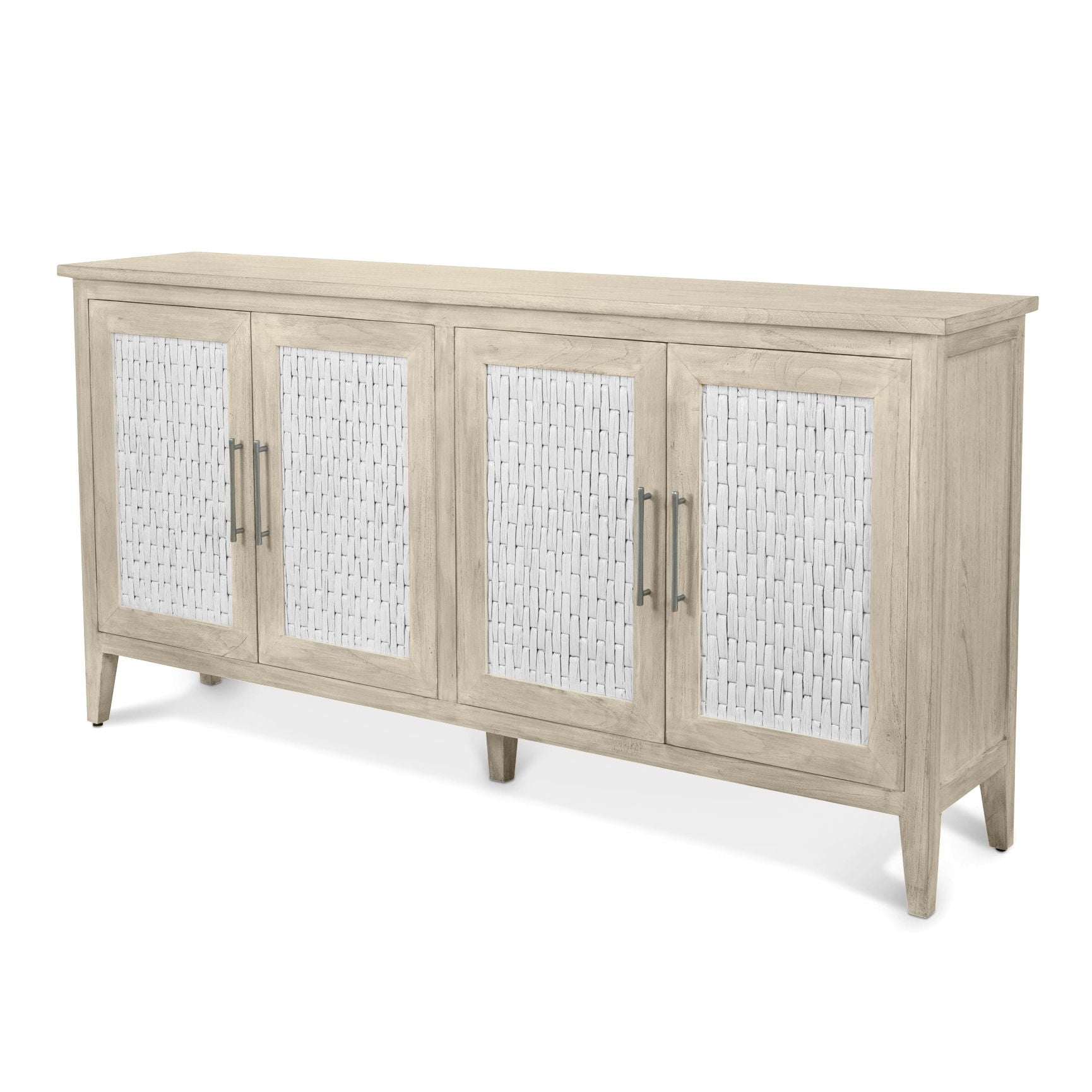 Tahiti - 4-Door Credenza With Water Hyacinth Woven Doors - Coastal White / Aged Ivory