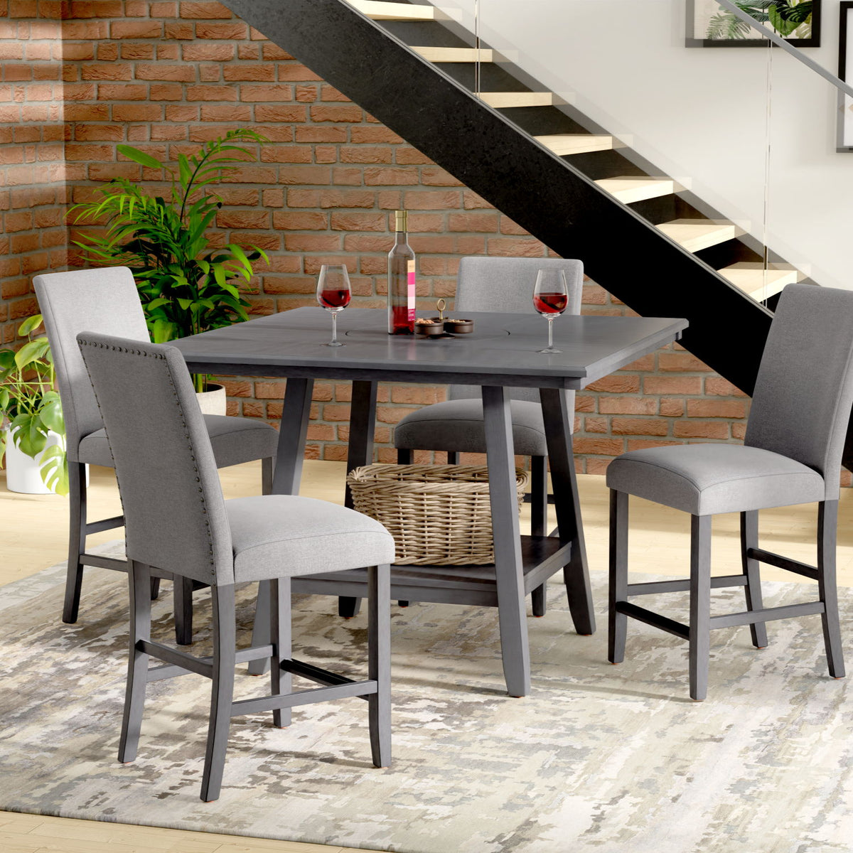Counter Height Dining Table With Tapered Base And Lazy Susan - Gray